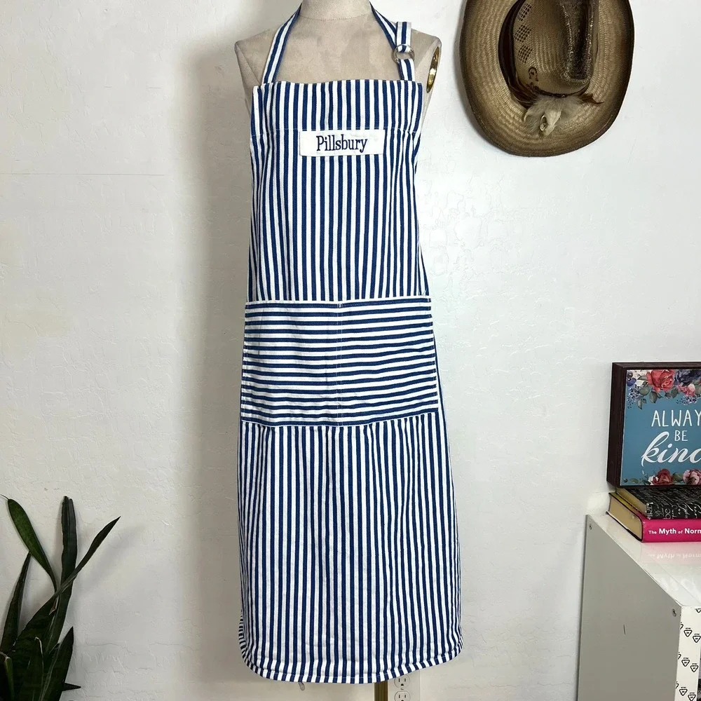 Pillsbury Striped Cotton Cooking Apron Blue White Embroidered Size L/XL Pocket